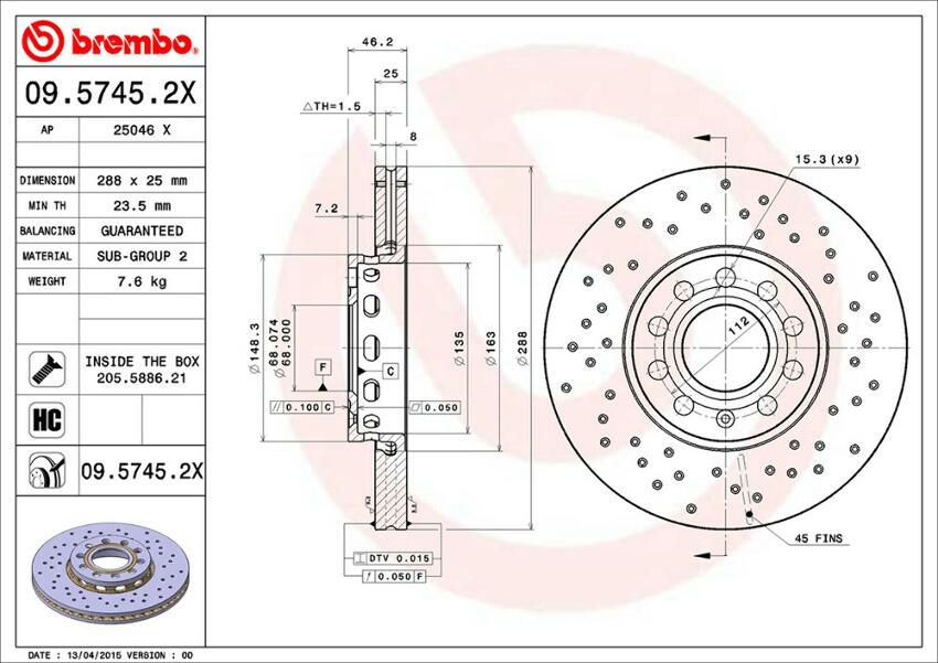 Audi VW Brembo Disc Brake Rotor - Front (288mm) 8E0615301Q